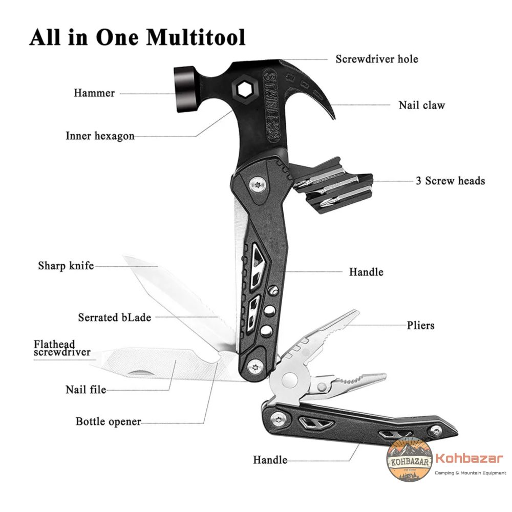 چکش کمپینگ همه کاره + میخکش و 12 ابزار مکمل - Image 2